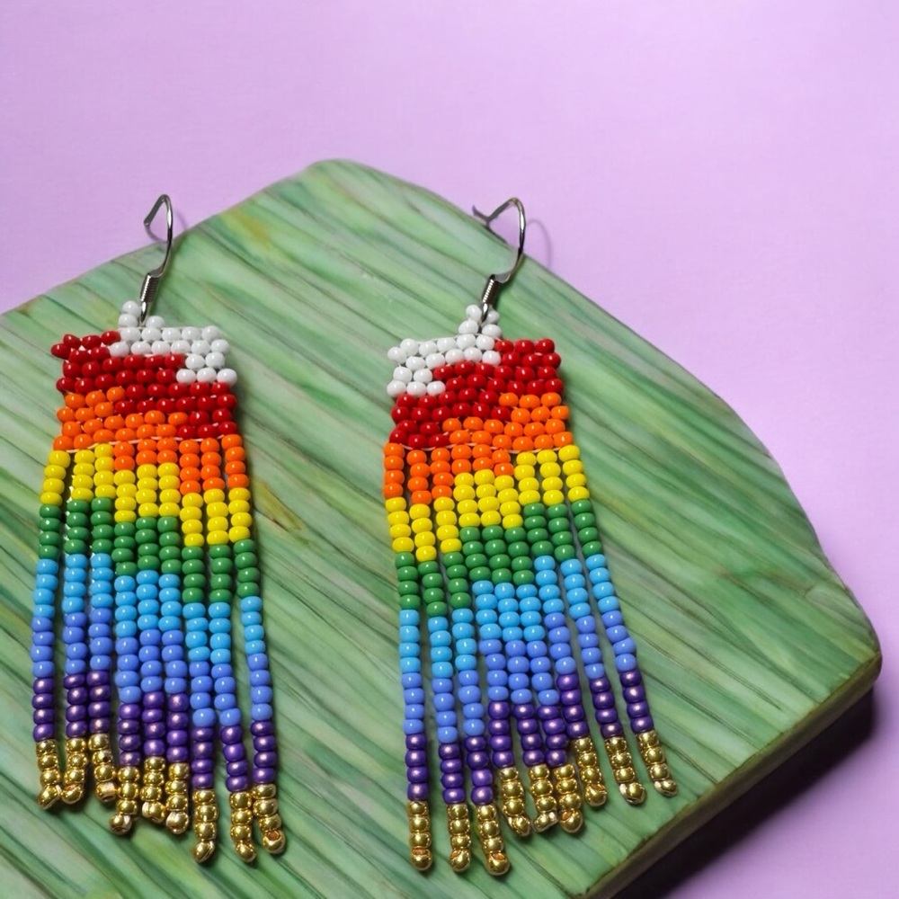Rainbow Gold Seedâ Bead Beaded Earrings 2.5â Dangle Earrings Handmade